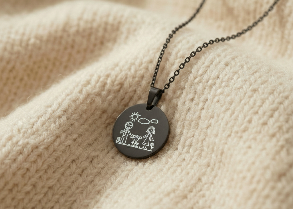 Collier famille noir gravure blanche